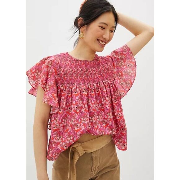 Anthropologie Roopa Pemmaraju Blouse •M• Madyson Boho Smocked Beaded Flutter - Picture 1 of 16